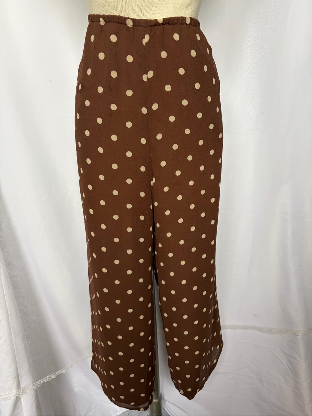 Silk Wide-Leg Trousers in Brown/Ivory Polka Dots